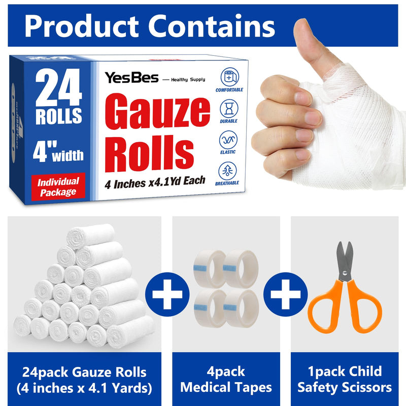 [Australia - AusPower] - 24 Pack Gauze Rolls, 4 in x 4.1 Yards, Premium Gauze Wrap Roll for Wounds, Bandage Wrap Rolled Gauze, Mummy Wraps, Individually Wrapped A-24p 