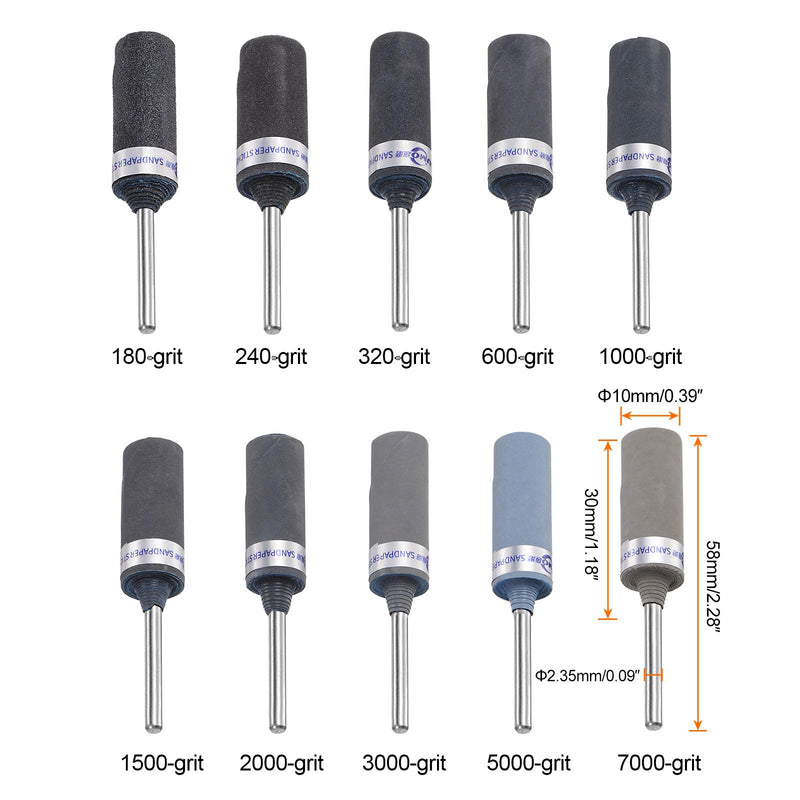 [Australia - AusPower] - QUARKZMAN 10pcs Sanding Sleeve Roller Set 180-7000 Grit 2.35mm Shank Sanding Drums Sleeves Cylinder Grinding Head for Woodworking Glass Metal Polishing 