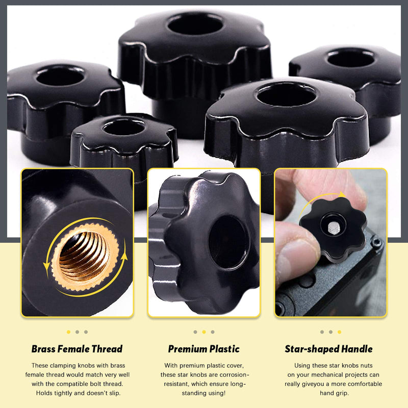 [Australia - AusPower] - Thru Hole Star Knobs Nuts Assortment Black Plastic Handle Clamping Knobs Brass Female Thread (Assorted Sizes x 32pcs) Assorted Sizes x 32pcs 
