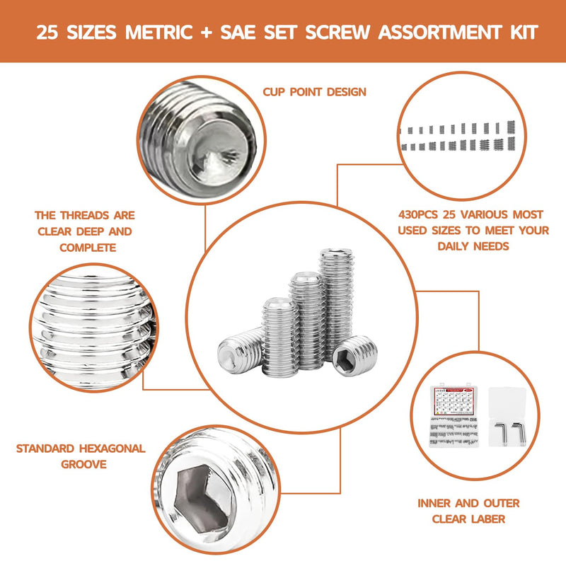 [Australia - AusPower] - 360 Pcs 25 Size Set Screw Assortment Kit Metric & SAE Allen Set Screws for Bathroom Fixture 304 Stainless Steel Internal Hex Drive Cup-Point for Door Knob, Faucets(M3-M8, 1/8"-40 to 5/16"-18) 360 