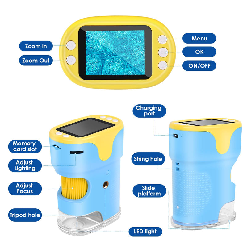 [Australia - AusPower] - Microscope for Children, Vankarr 1000X Digital Pocket Microscope, Portable Mini Mobile Phone Microscopes with 32GB SD Card, 2 Inch IPS Screen, Slide Samples, Gift for Children, Students, Blue 