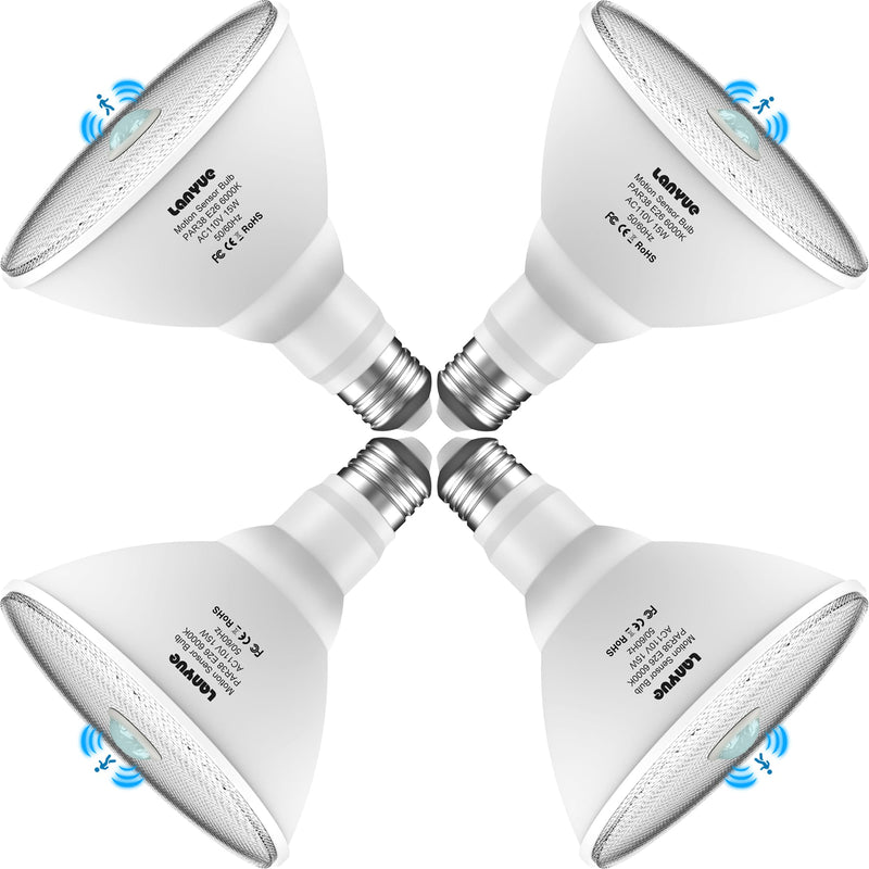 [Australia - AusPower] - Motion Sensor Light Bulbs, Dusk to Dawn Outdoor Lighting, PAR38 Led Motion Sensor Flood Light 100 Watt Equivalent(15W), 6000K Daylight, Waterproof Outdoor/Indoor,(4 Pack) LY-PAR38H001 