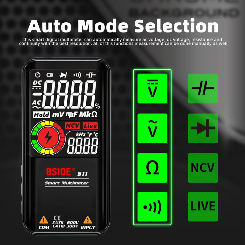 [Australia - AusPower] - BSIDE Smart Digital Multimeter 9999 Counts Pocket Voltmeter, Rechargeable with 3 Results Display, Capacitance Diode Duty Cycle Resistance Hz V-Alert Voltage Tester S11 Rechargeable 