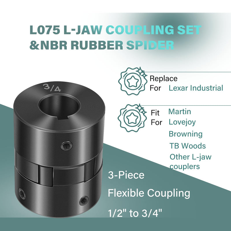 [Australia - AusPower] - 1/2" to 3/4" L075 Flexible 3-Piece L-Jaw Coupling Set & Buna-N NBR Rubber Spider Replacement Part for Lexar Industrial Interchangeable With Lovejoy, Martin, Browning, TB Woods 