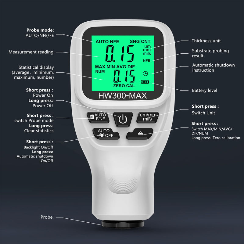 [Australia - AusPower] - Paint Thickness Gauge, 0 to 2000UM Accuracy Portable Car Coating Thickness Meter, Coating Thickness Gauges, Digital Paint Depth Meter for Automotive Paint Thickness (White) 