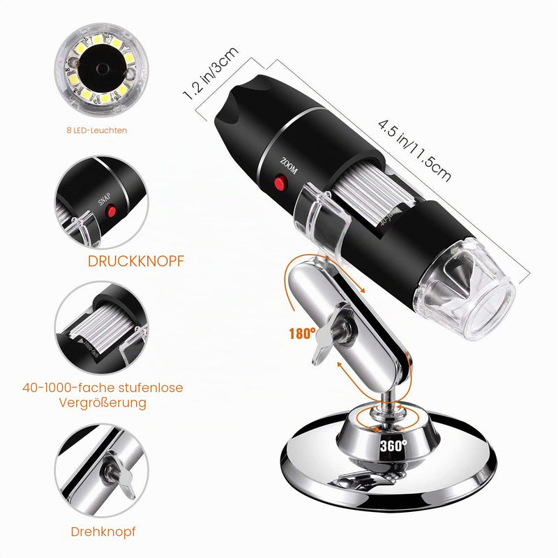 USB Digital Microscope 40X to 1000X, Bysameyee 8 LED Magnification Endoscope Camera with Carry Case and Metal Stand Compatible for Android Windows 7 8 10 Linux Mac