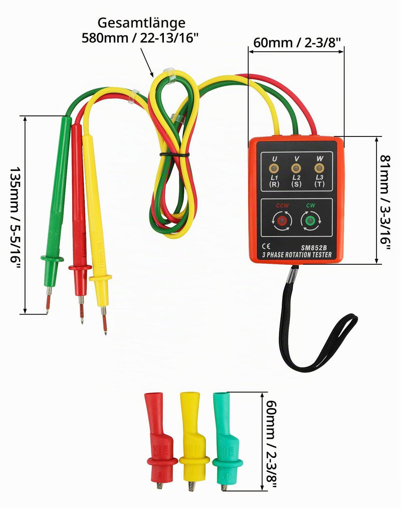 QWORK Phase Tester, Rotary Field Meter for 3 Phases, 60 V ~ 600 V AC, 20-400 Hz, with Buzzer Tester and Crocodile Clips