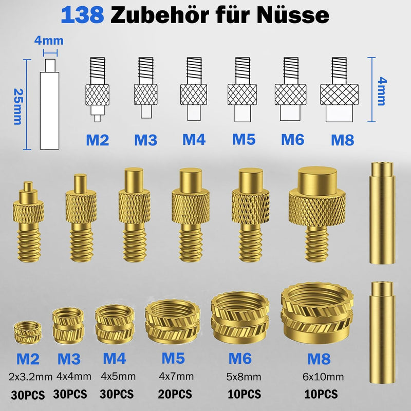 Threaded Inserts Soldering Tips Set, 100 W LED Soldering Iron with Temperature Adjustable, 130 Pieces Thread Inserts M2/M3/M4/M5/M6/M8, Soldering Tips for Thread Insert