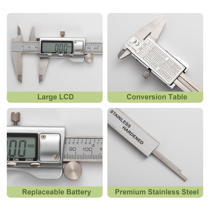 [Australia - AusPower] - All-Metal Digital Caliper 0-6"Measuring Tool, Micrometer Caliper with Auto-Off Feature, Interchangeable Between inches and millimeters for DIY/Household and 3D Printing 6" Stainless Steel 