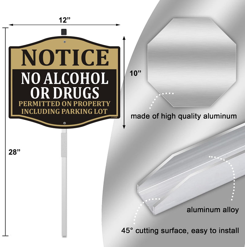 Notice No Alcohol or Drugs Permitted on Property Including Parking Lot Sign 12" x 10" With 28" Long Metal Private Property Safety Warning Stake With Stand Aluminum Outdoor Yard Business Home