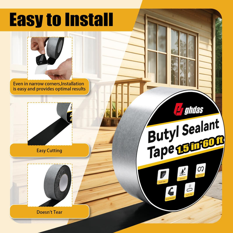 Bghdas - 1 Pack Butyl Sealant Tape 1 1/2" X 60' - Double Sided - Black Vapor Barrier Butyl Tape for Wall of Crawl Space, Rv Windows, Deck Boat, Crawlspace (Waterproof, Weatherproof) 1.5