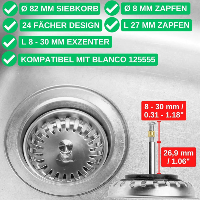 Blanco sieve basket with spigot for eccentric operation stainless steel, 8,2 cm | Diameter = 82 mm (24 slots) VI | Diameter 8.2 cm Single
