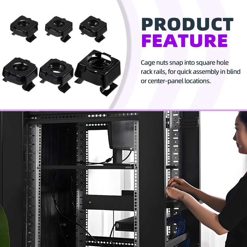 [Australia - AusPower] - Swpeet 48Pcs 6 Sizes M4 M5 M6 M8 M10 M12 Black Zinc Plated Carbon Steel Snap-in Cage Nuts, Square Cage Nut, Rack Rail Retainer Nuts, Server Shelf Cabinets Rack Mount Cage Nuts, Clip-On Computer Nuts 48 