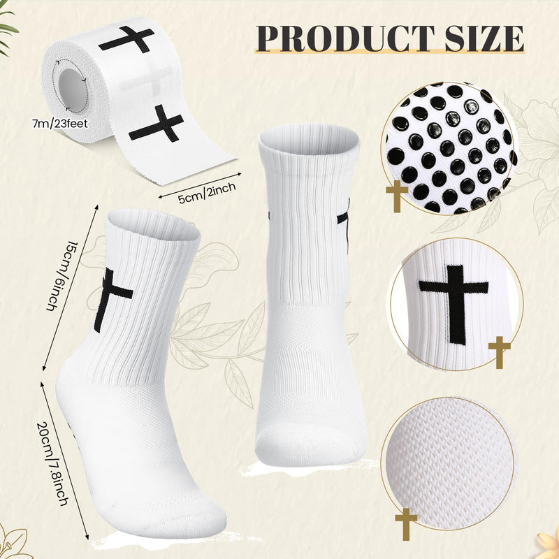 TrelaCo 2 Sets Cross Grip Socks with 2 Pcs Christian Athletic Tape Jesus Soccer Grip Socks Cotton Sports Athletic Tape Serrated Edges for Easter Gifts Football Baseball(White,Cross) White
