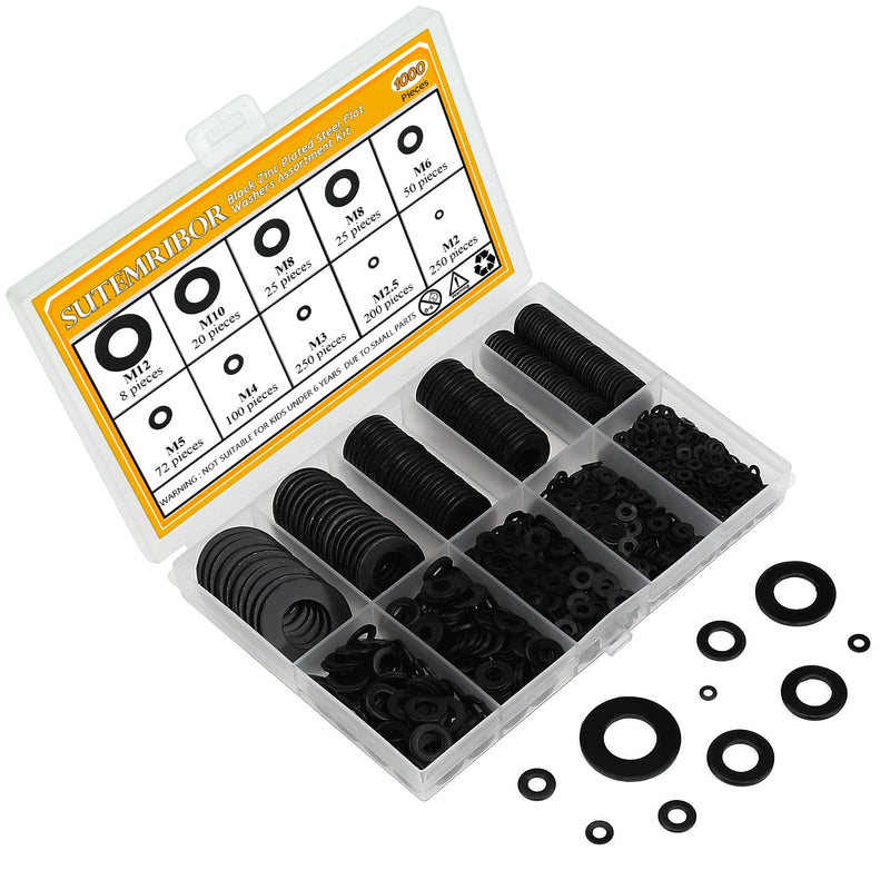 [Australia - AusPower] - 1000 Pieces 9 Sizes Black Zinc Plated Steel Flat Washers for Screws Bolts, Black Washers, Metal Washers, Assorted Washers (M2 M2.5 M3 M4 M5 M6 M8 M10 M12) 