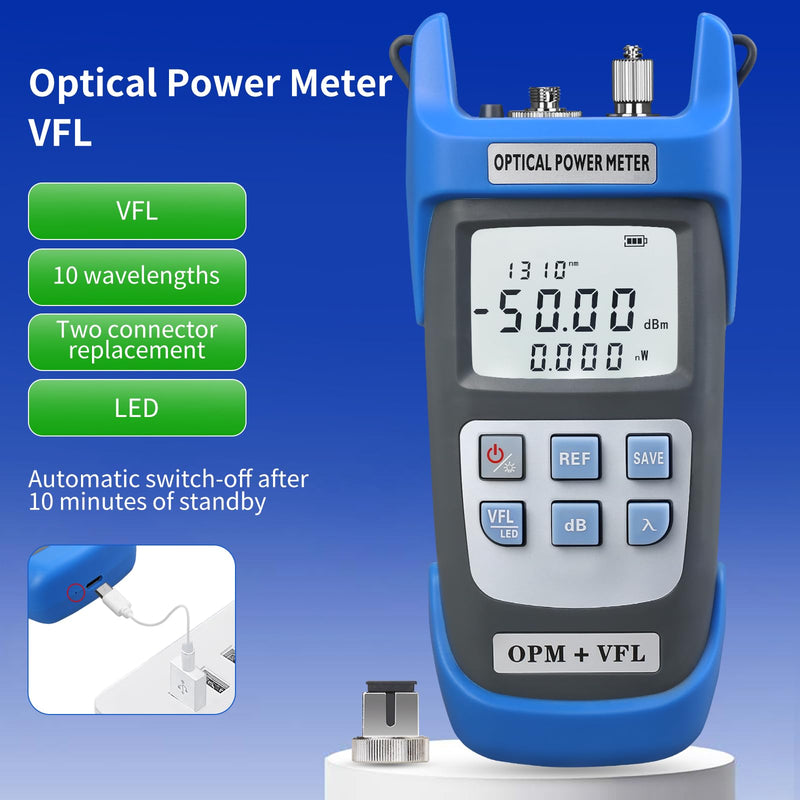 [Australia - AusPower] - Rechargeable Optical Power Meter A-C510B (-50~+26dBm) Fiber Optic Tester, Optical Power 50 All-in-one Machine, Suitable for SC/FC/ST/LC 2.5mm/1.25mm Interface, with 1 9/125um FC-LC Adapter 