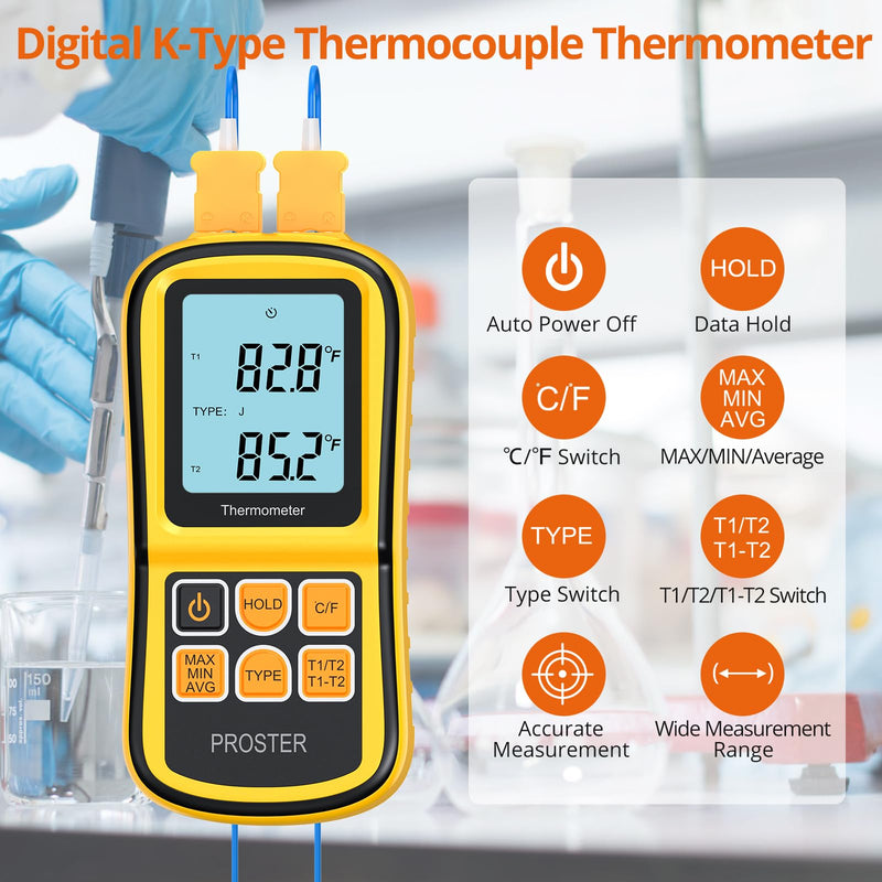 [Australia - AusPower] - Proster Digital Thermometer with 2 Dual Channel K-Type Thermocouples Sensor Probe LCD Backlight Temperature Meter Temperature Meter for Thermocouple Types K/J/T/E/R/S/N - Yellow 