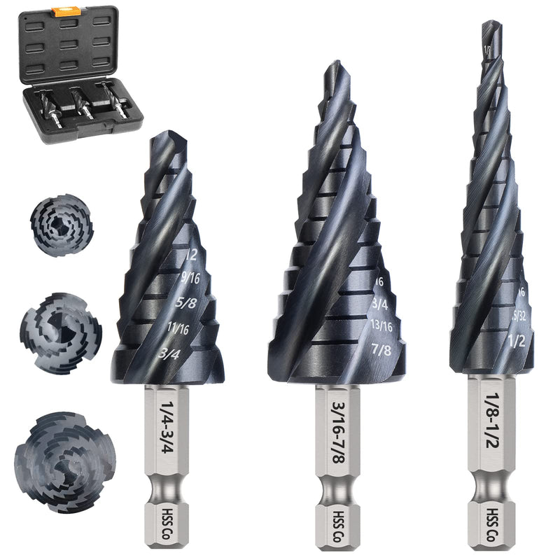 Matework M35 Cobalt Step Drill Bit Set, Four Spiral Flute Unibit Step Drill Bits (1/8"-7/8") Wear-Resistant TiAlN Coated, 1/4" Hex Shank for Metal, Carbon Steel, Stainless Steel, Wood, Plastic (3Pcs) 1/8"-7/8"