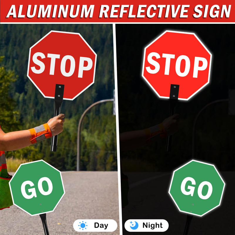 2 Pack Stop Go Sign with Metal Handle,12 x 12 inches Double Sided Stop Go Sign, Light Weight Steel Hand Held Traffic Reflective Aluminum Crossing Guard Stop Sign, Fade Resistant, Waterproof Easy to Mount 2 Pack Double Sided Stop Go Sign with Steel Handle