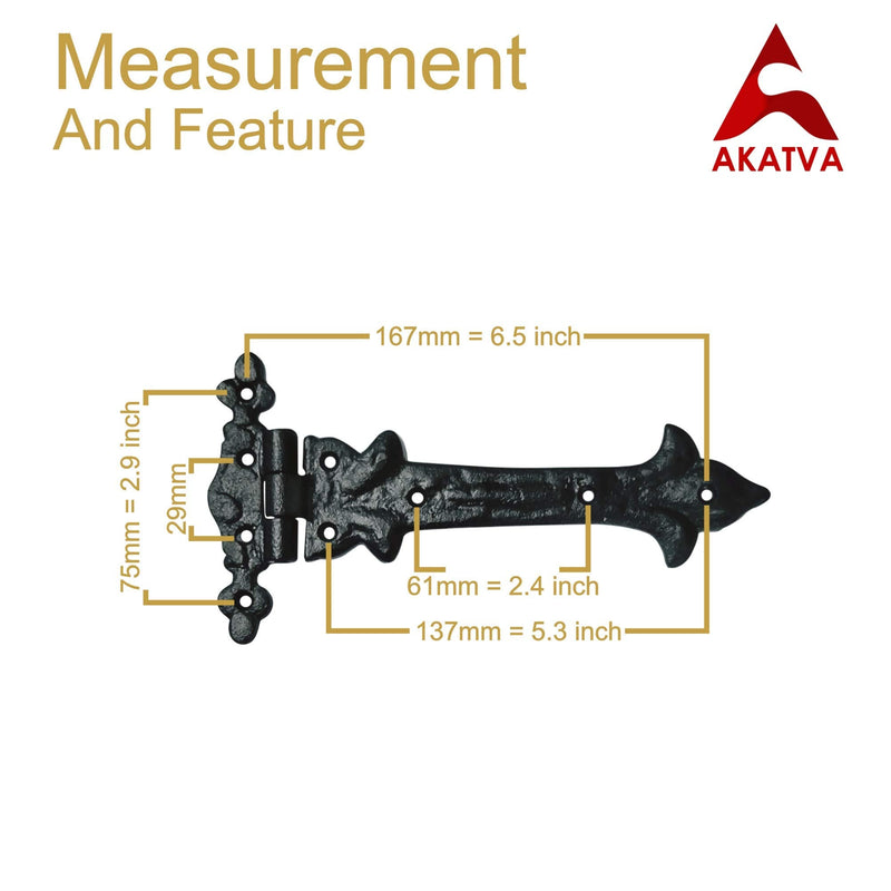 Akatva T Hinge Set - 2 Pieces Gate Hinges for Wooden Fences Heavy Duty - Barn Hinges for Doors - Black Hinges – Hinges for Shed Door - Door Hinges Black Matte - Hinges Outdoor - Fence Strap Hinge Set 2 Pieces Set