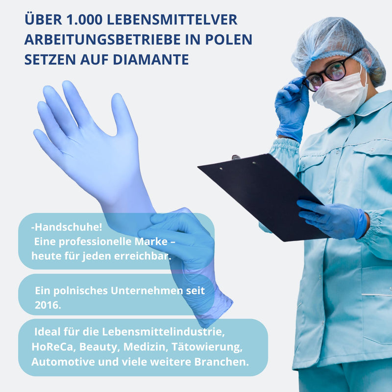 DIAMANTE Nitrile Disposable Examination Gloves, Powder-Free, 100 Pieces, Medical Device (MD), CE 2777, CAT III, Food-Safe (100, Blue, XL)