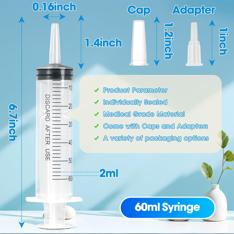 [Australia - AusPower] - 60ml Syringe for Liquid,5 Pack Large Plastic Syringes with Adapters and Cap,Individually Sealed Syringe for Feeding,Irrigation Water and Scientific Labs 60ML 5 