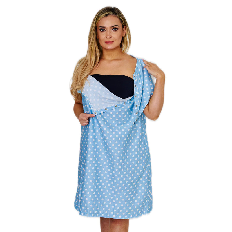 [Australia - AusPower] - Hospital Gown for Women Labor & Delivery, 100% Cotton Easy Snap Back Closure, Shoulder Snap Polkadot Patient Gown Large-X-Large Blue 