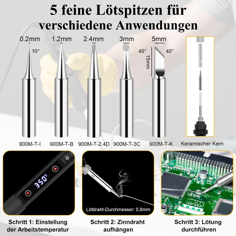 Edasion Soldering Iron Set 80W LED Temperature Adjustable 180~520°C with Switch | Soldering iron with 15-second fast heating, 50g lead-free solder wire, 5 soldering tips, desoldering pump, soldering iron stand, tweezers, soldering set black