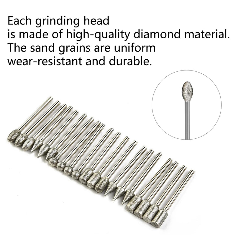 [Australia - AusPower] - VZU Diamond Cutter Set, 20 Pieces Diamond Burrs with 1/8 Inch Shank Grinding Attachments for Dremel Rotary Tool, Diamond Grinding Pins for Stone, Glass, Ceramic, Grinding, Polishing and Engraving 