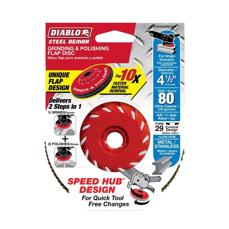 [Australia - AusPower] - Diablo Steel Demon Flap Disc for Metal with Speed Hub - 4-1/2", 80-Grit, Medium Grit, 12,000 Max RPM, Type 29 - DCX045080B01F 