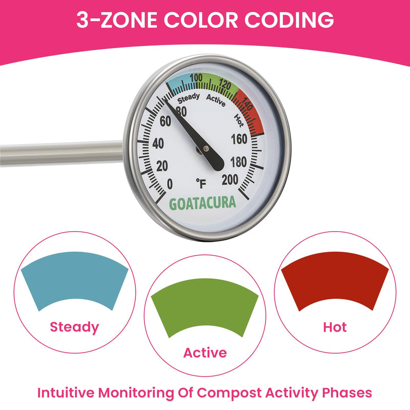 [Australia - AusPower] - Compost Soil Thermometer, 304 Stainless Steel Case and Probe,1.75" Dial Size, 16" Stem Length, 0-200 Deg F, 3 Temperature Zones 