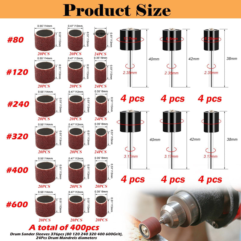 [Australia - AusPower] - mxuteuk 400 Pieces Sanding Drum Set Sanding Disc Set with 376 Pieces (80 120 240 320 400 600) 24 Sanding Drum Mandrels in Different Diameter for Dremel Rotary Tools 400 Stück 