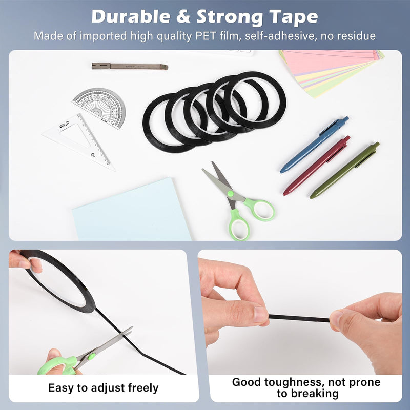 5PCS Whiteboard Tape Black Pinstripe Tape Stained Glass Paint Lead Line for DIY Glass Painting Surface Gallery Window, 3mm Width