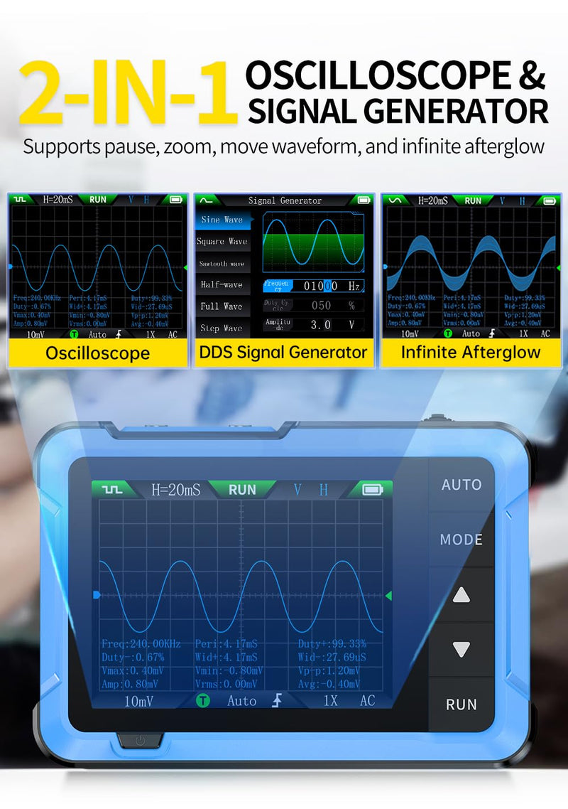 [Australia - AusPower] - 【FNRSI Upgraded 2in1 DSO-510 Oscilloscope with 10X Probe】Digital Portable Oscilloscope/DDS Signal Generator Automotive 2.8 inch TFT, 10MHz Bandwidth, 48MS/s Sampling Rate, Auto Trigger Function 