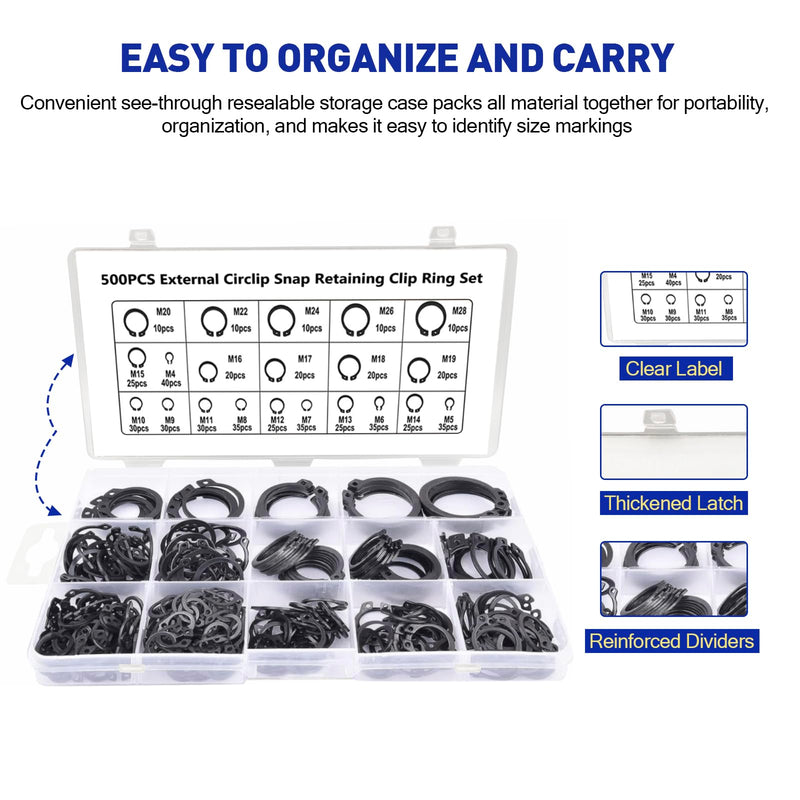 [Australia - AusPower] - 500Pcs External Circlip Snap Retaining Clip Rings Assortment Kit, Alloy Steel Snap Ring Shop Assortment Set, 21 Sizes External Retaining Rings of M4-M28 C-Clip 500PCS 