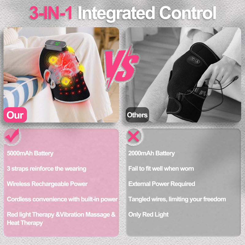 3-in-1 Red Light Therapy Knee Brace with 4 Vibration Massage Areas, 5000mAh Rechargeable Heated Knee Massager, 660nm&850nm Infrared Light Therapy Heated Device for Knee Elbow Shoulder Pain Relief Black