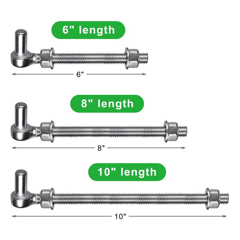 Insaga J Bolt Gate Hinge, 304 Stainless Steel Farm Gate Hinges, M12 x 8'' Gate Hinge Bolt 5/8'' for Chain Link Fence/Farm/Wooden Fence/Driveway, Supports up to 500lbs, 2pcs M12-8''-2PCS