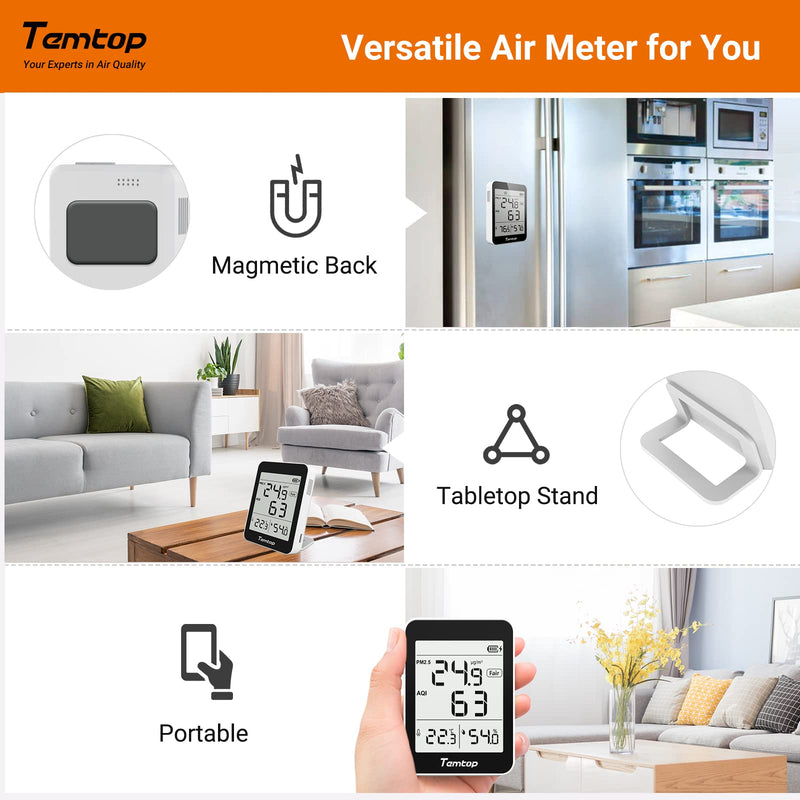 [Australia - AusPower] - Temtop Air Quality Monitor, Indoor Thermometer Portable AQI PM2.5, Temperature, Humidity Detector for Home, Office or School, Air Quality Tester, Battery Powered, Magnetic Suction 4 Modes/Basic Standby 1 