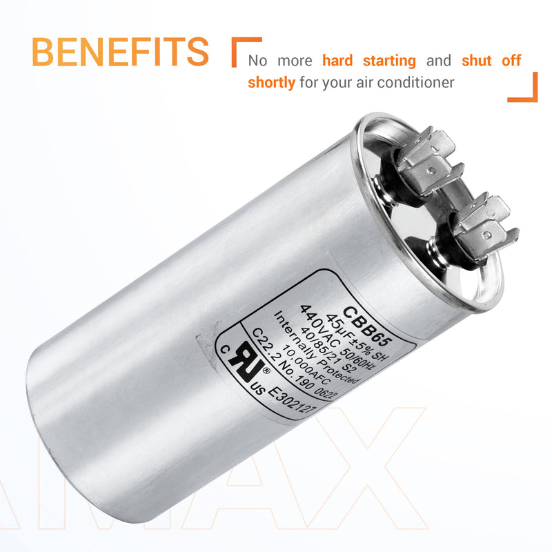[Australia - AusPower] - Canamax 45 uf ± 5% MFD 370 Or 440V Round Run Capacitor - Replacement for Air Conditioner 50/60Hz for AC Motor Run or Fan Start and Cool or Heat Pump Air Conditioner 45uf 
