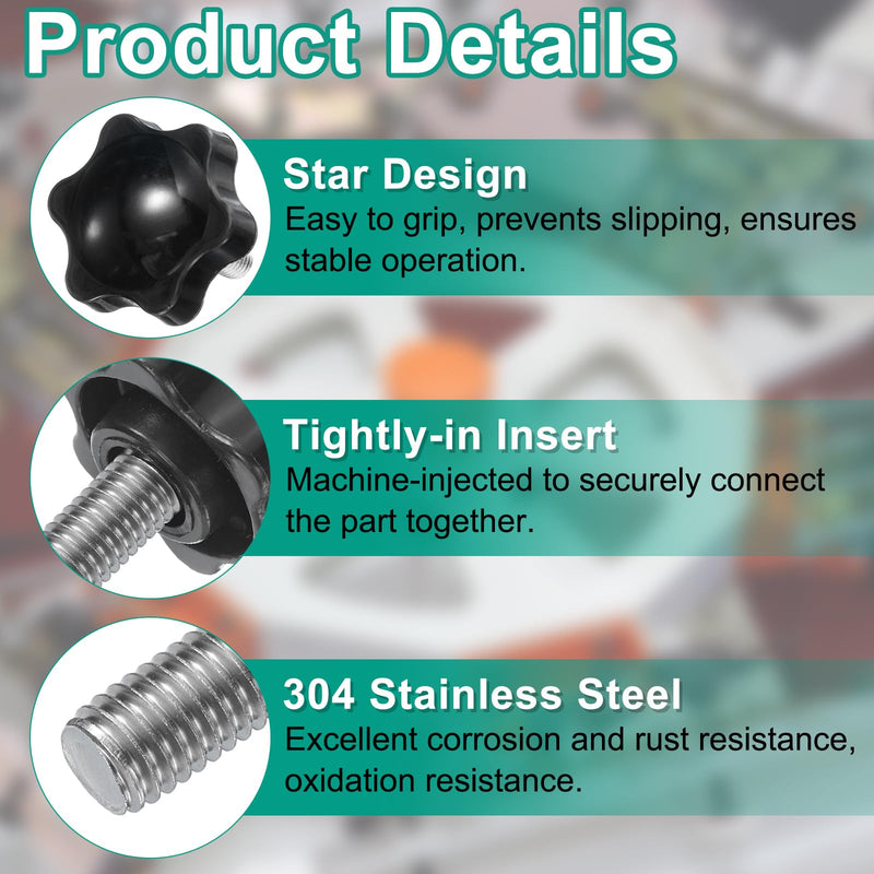 [Australia - AusPower] - uxcell 4pcs Star Clamping Knobs with Nuts Washers, M8 x 20mm Metric 304 Stainless Steel Male Thread 38mm 6-Star Plastic Head, Threaded Stud Hand Knobs Handles Thumb Screws, Black 