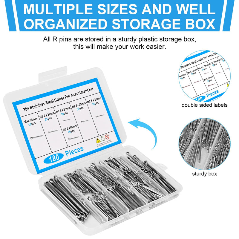 [Australia - AusPower] - 180pcs Premium 304 Stainless Steel Cotter Pin Assortment Kit, 6 Sizes Heavy Duty Cotter Pins, Hardware Pins for Automotive, Machinery, Lawn Mowers, and DIY Projects 