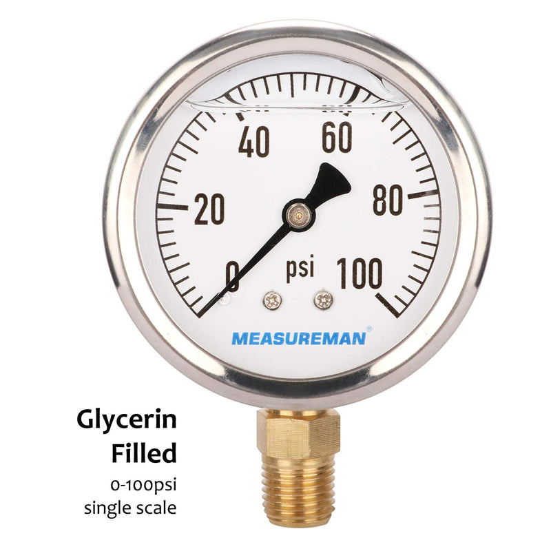 [Australia - AusPower] - MEASUREMAN 2-1/2" Dial Size, Glycerin Filled Plumbing Pressure Gauge, 0-100psi, Stainless Steel Case, 1/4"NPT Lower Mount 0-100 psi 