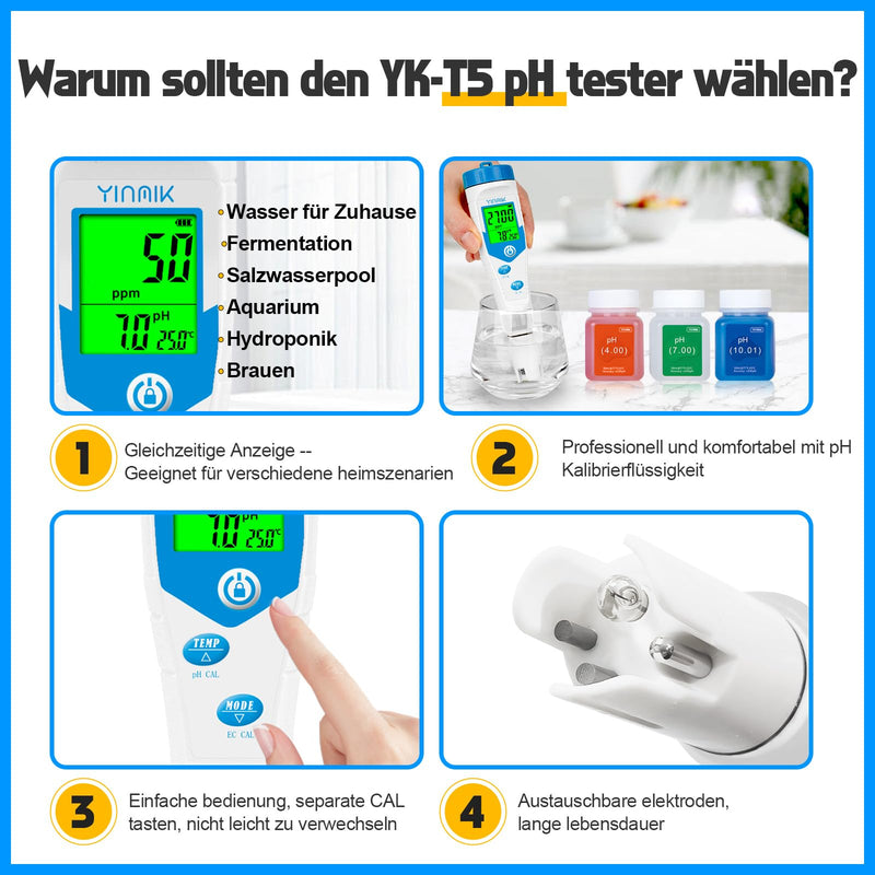 YINMIK pH Meter Water, Pool pH Salt Meter with pH Calibration Solution | pH PPM Simultaneous Display for Drinking Water, Digital pH EC Meter for Hydroponics, TDS Conductivity Tester for Koi Ponds blue pH meter