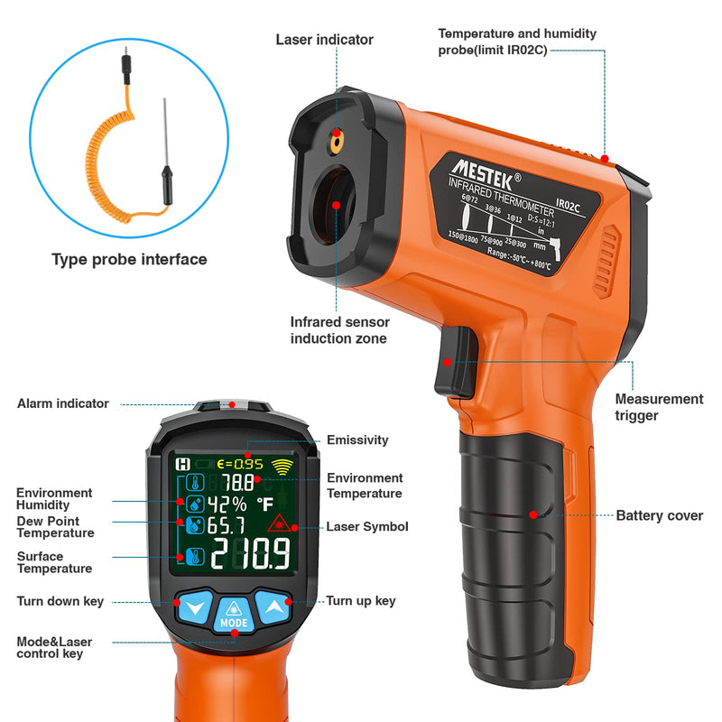 [Australia - AusPower] - Infrared Thermometer MESTEK Laser Thermometer Temperature Meter with K Probe -50°C ~ 800°C IR Temperature Meter Non-Contact with Colour LCD Digital Alarm Function Adjustable Emissivity for Kitchen orange 
