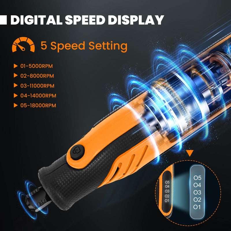 HARDELL Rotary Tool, 4V Mini Cordless Rotary tool Kit con 5 Speed Display, Rechargeable Rotary tool Set with 69 Accessories for Sanding, Grinding, Engraving, Polishing, Drilling, Cutting, DIY Crafting Orange Gift