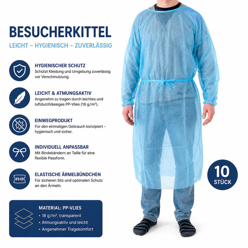 10 x Disposable Protective Gown Blue - Visitor Gowns Made of PP Fleece 18 g/m² - Non-Sterile Disposable Gown with Ties & Elastic Cuffs - Medical Device Class 1 for Care, Laboratory & Hospital