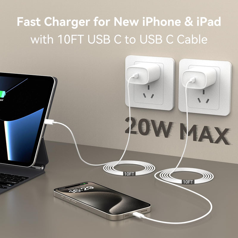 [Australia - AusPower] - i Phone 15 Charger Fast Charging, iPad Charger 10 FT Long USB C to C Charging Cable Cord with 20W iPhone Fast Charger Block for iPhone 15/15 pro/15 pro max/15 Plus, iPad Pro11/12.9/air 5/4, Samsung white 10FT 