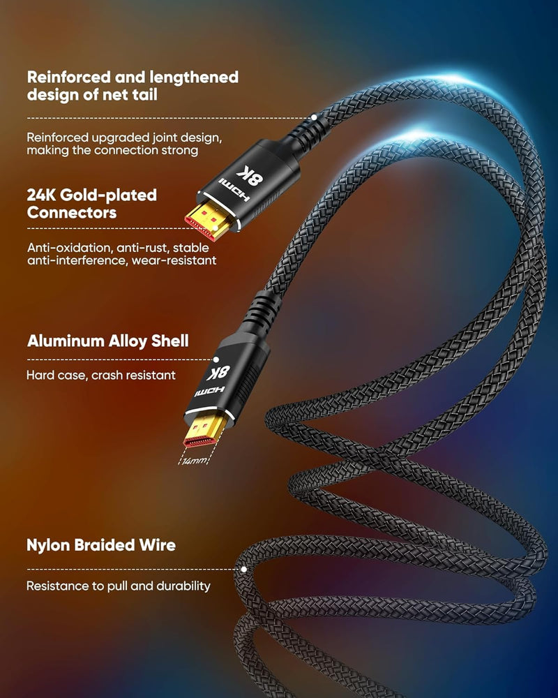 Snowkids 8K 2.1 50 FT Long Fiber Optic HDMI Cable, Unidirectional 48Gbps High-Speed HDMI Cables Cord, 4K 120Hz 144Hz Compatible for TV/Laptop/PS-5/X-box/Projector/Entertainment/Sound System & More 50feet Black 1