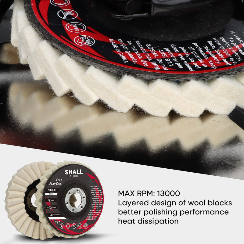 [Australia - AusPower] - SHALL 6-Pack Felt Flap Disc Abrasives 4-1/2" x 7/8" Arbor, Wool Polishing Buffing Wheel Pad for Angle Grinder 