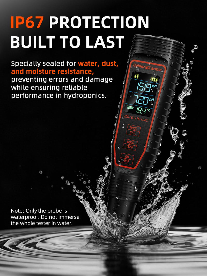 [Australia - AusPower] - Spider Farmer 5-in-1 Digital pH Meter Kit for Water, TDS EC Temperature Salinity Tester with ATC Rechargeable for Plants Hydroponics Pool Fish Tank and Aquarium (IP67 Waterproof) 